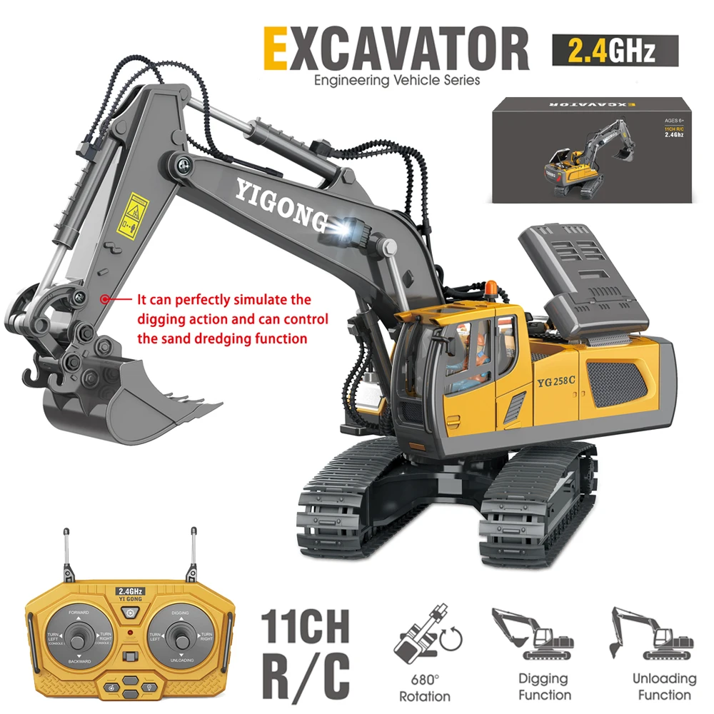 11 Channel 2.4G RC Excavator Toy Full Functional Remote Control Crawler Construction Vehicle with LED Light Truck Gift for Kids