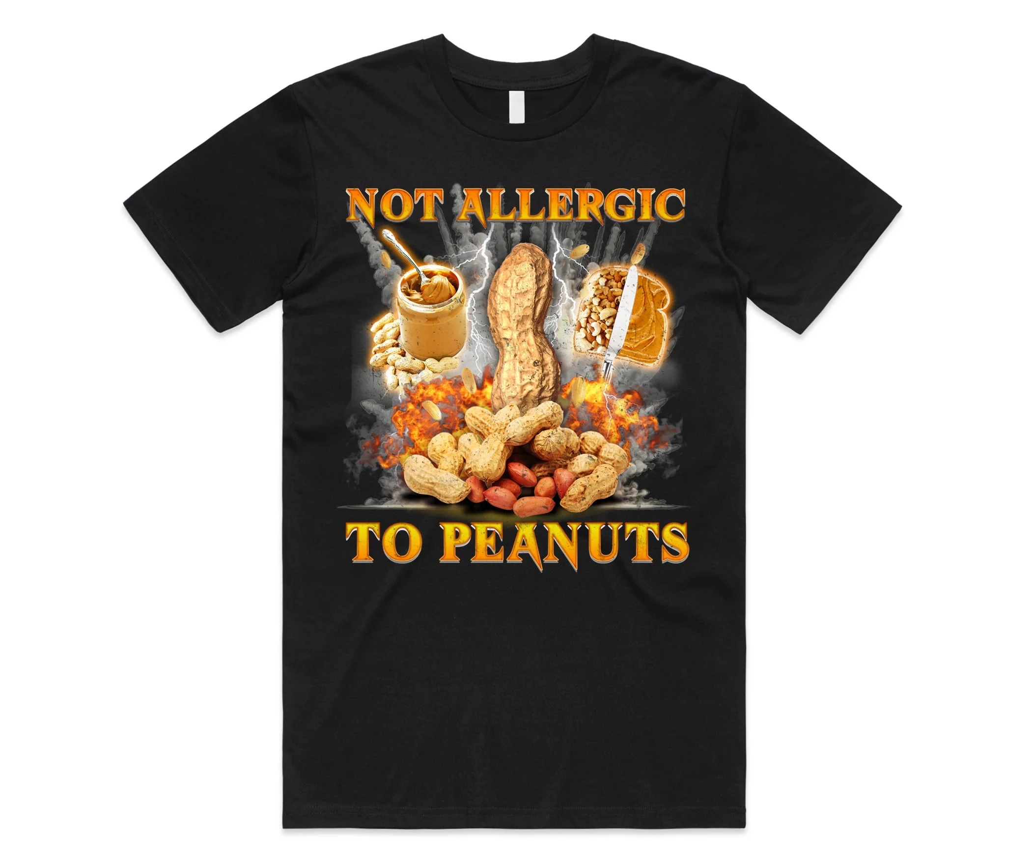 

Men's Casual T-Shirt Not Allergic To Peanuts Funny Peanut Peanut Butter Flame Lightning Graphic Print Short Sleeve Trendy Tee