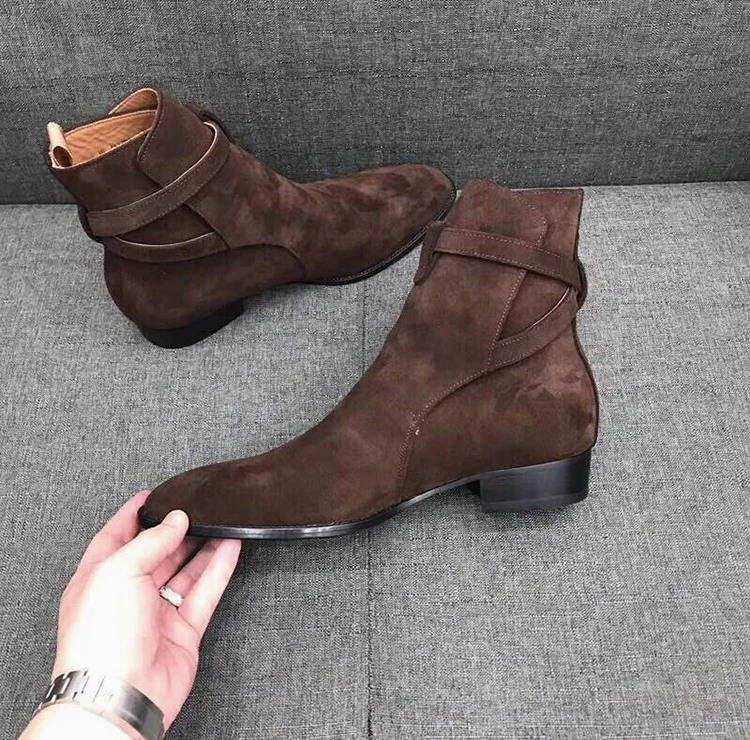 Black Brown Genuine Cow Suede Cross Belt Buckle Ankle Boots Man Square Heel Barber Boots Outdoor Shoes Male Vintage Boots view 3