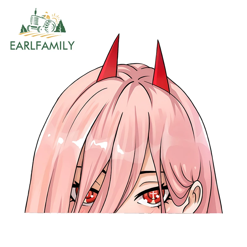 EARLFAMILY 13cm x 11.8cm Power Peeker Chibi Car Stickers Kawaii Devil Anime Pink Hair Amusing Eyes Decal Sunscreen Windows Decor