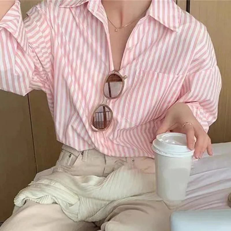 Striped Shirts Women Y2K Vintage Streetwear Long Sleeve Tops Korean Fashion Office Ladies Elegant Loose Casual Blouse New