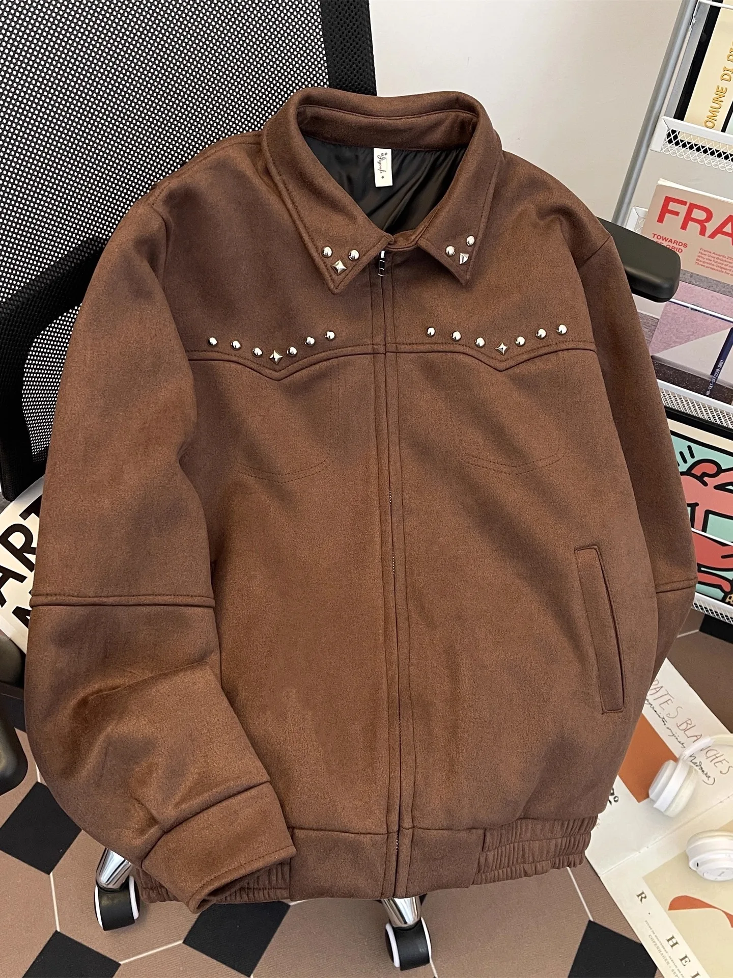 سترة نسائية من جلد الغزال البني نمط صديقها معطف مقصوص عتيق للدراجات النارية موستانج ملابس خارجية 2000s ملابس الخريف