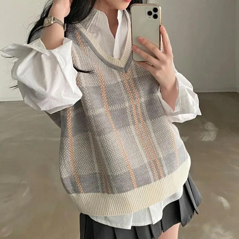 Autumn Sleeveless V Neck Knitted Casual Elegant Women Sweater Vest Korean Pullover Plaid Loose Office Lady Clothing 23875