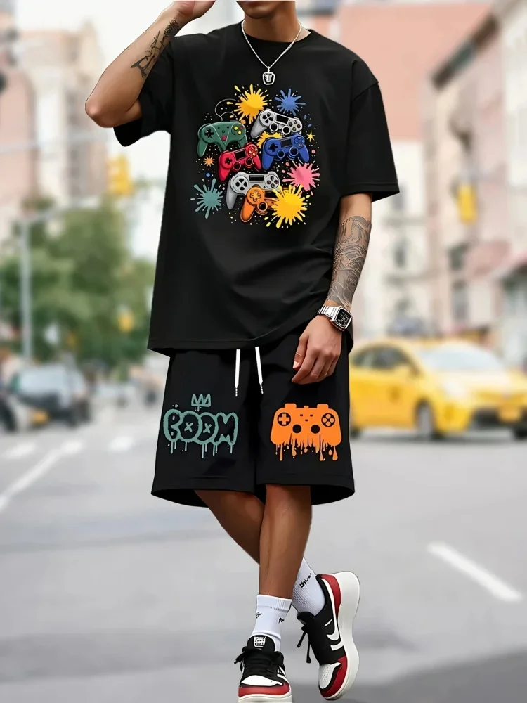 

Casual Two-piece Outdoor Urban Street Fashion Men's Summer Short Sleeve Set Hip Hop Cartoon Bear Print Short Sleeve Top Shorts