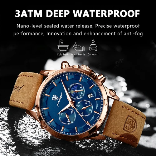 Imagen 2 del producto Reloj POEDAGAR de cuero genuino para hombre, cronómetro con calendario luminoso a la moda, reloj masculino resistente al agua con fase lunar, reloj de pulsera de cuarzo para hombre
