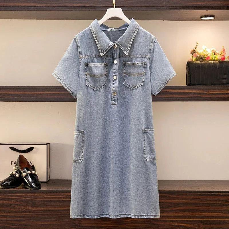 150Kg Plus Size Women's New Summer Loose Vintage Polo Lapel Breasted Half Placket Workwear Denim Shirt Dress 5XL 6XL 7XL 8XL 9XL