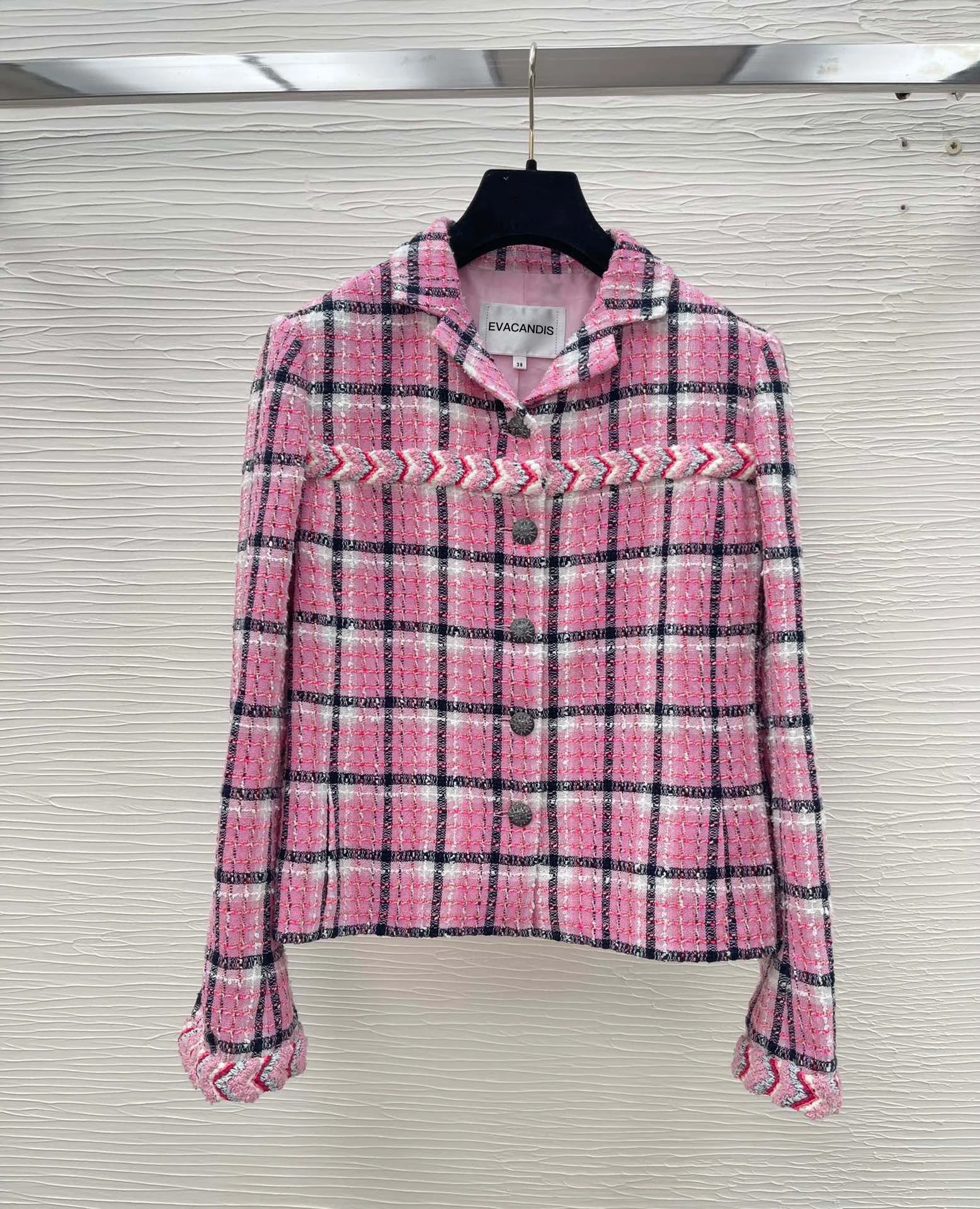 

EVACANDIS Women New Plaid Pink Turn-down Collar Single Breasted Coat High Quality Elegant Vintage 100% Real Silk Lining Tops