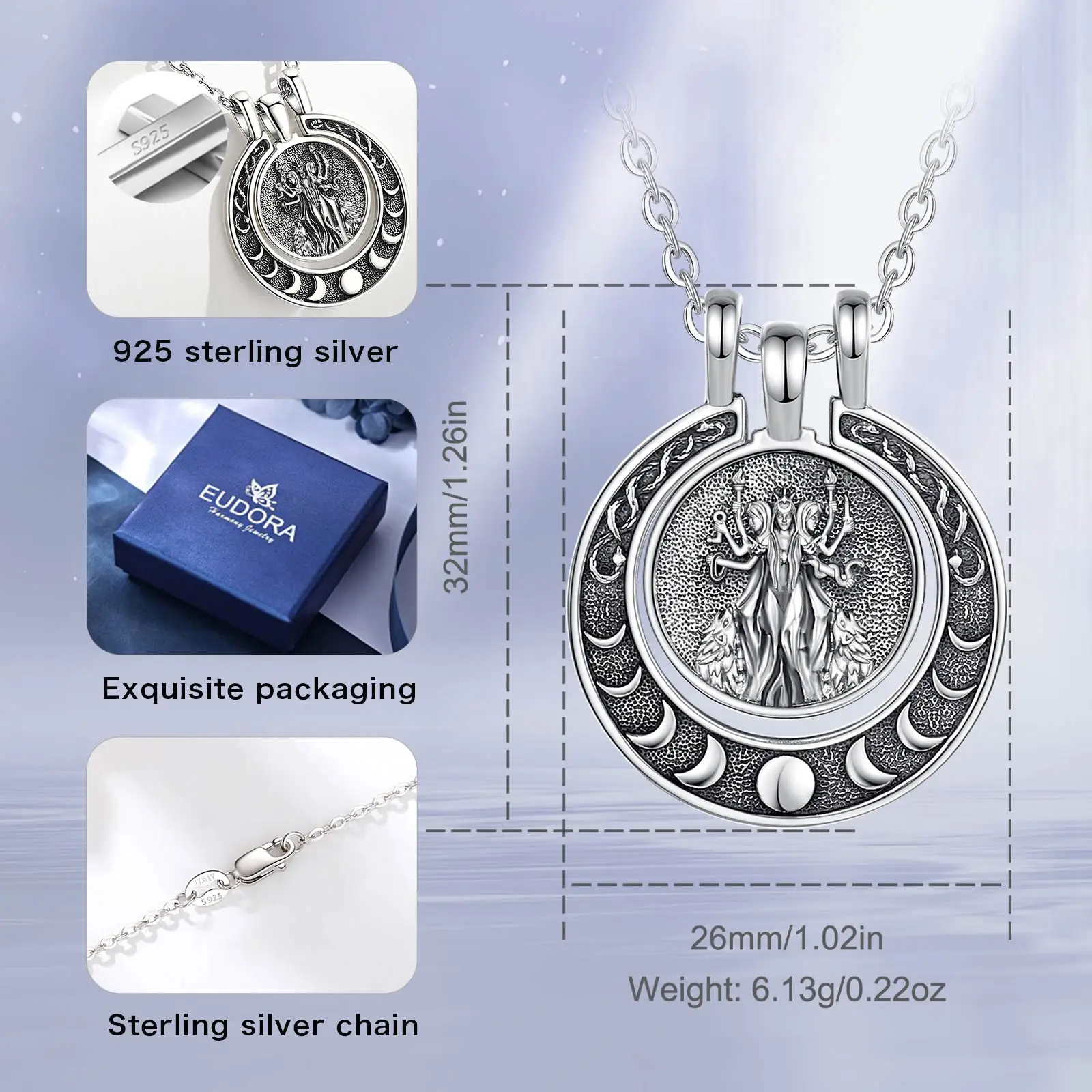 Eudora 925 Sterling Silver Hecate Triple Moon Goddess Necklace Snake Moon Phases Amulet Pendant Wicca Pagan Jewelry Women Gift