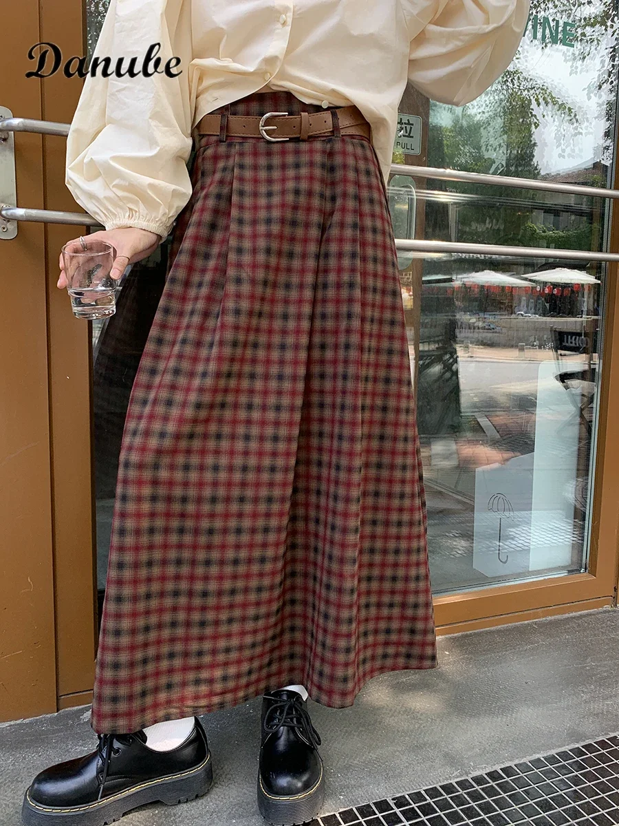 Vintage Red Plaid Woolen Skirt For Women Autumn Elegant Pockets Loose A-Line Pleated Skirt Korean Preppy Style Long Skirt Female