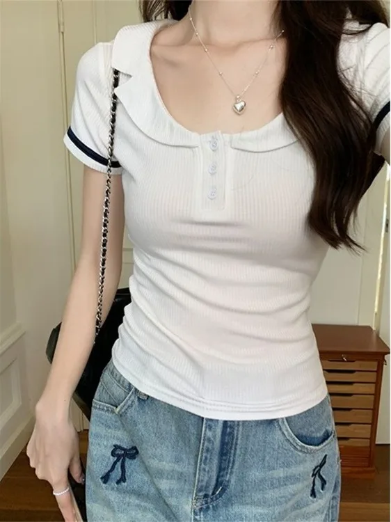 Sweet Collar Color Block Short Sleeve T-Shirt Women's Slim Fit Summer Top Korean College Style High Waist Polyester Blend