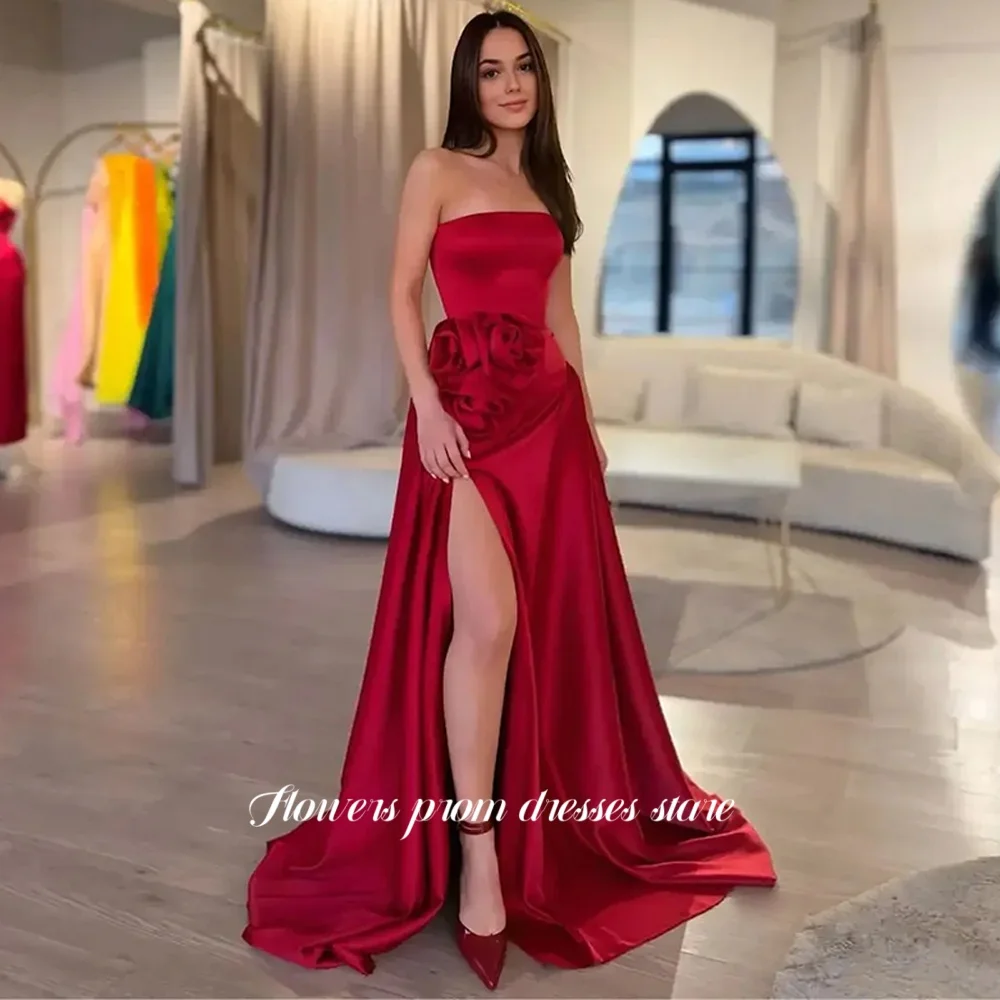 

Flowers Prom Dresses A Line Party Dress High Slit Evening Dress Strapless Arabic vestido de fiesta فساتين مناسبة ر Customized