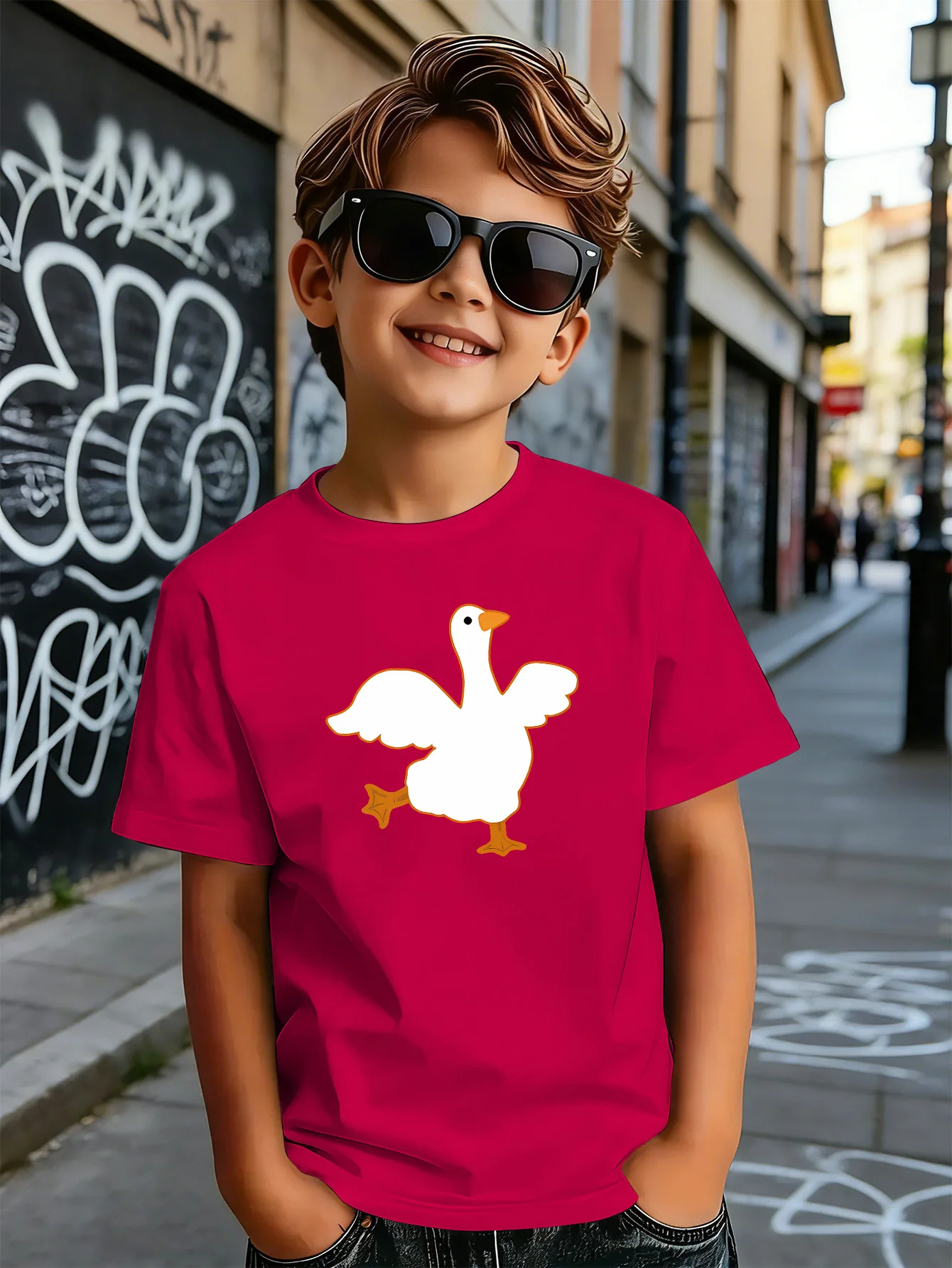 Cute Dancing Goose Cartoon Print Kids T Shirt Boys Girls Parent Child Matching Soft Cotton Casual Short Sleeve Basic Daily Tees