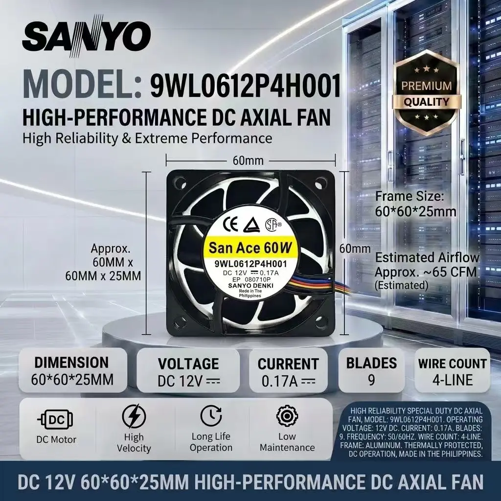 For San Ace SANYO 9WL0612P4H001 DC 12V 0.17A  60x60x25mm IP68 Waterproof Dual Ball Bearing 4-Wire PWM Server Cabinet Axial Fan