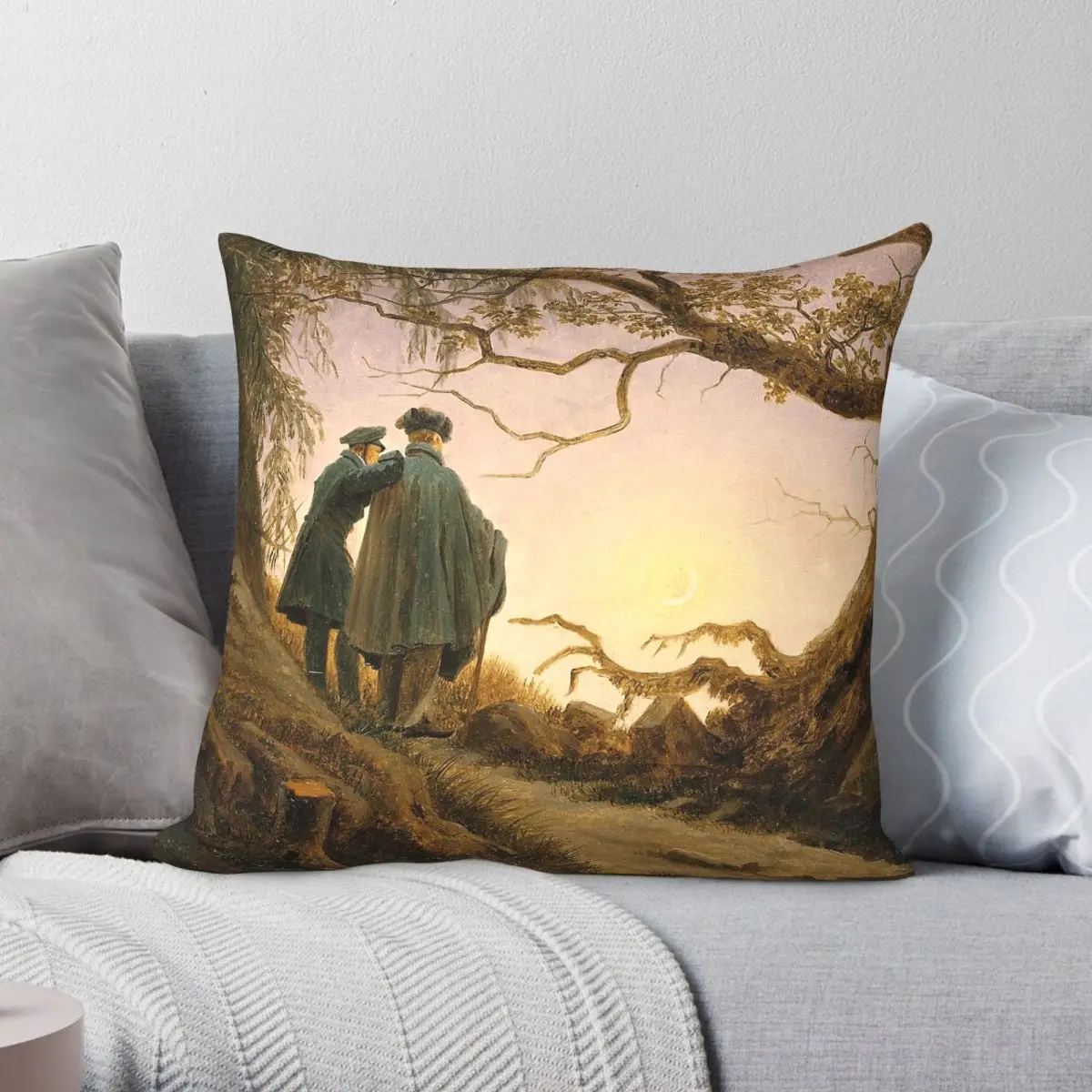 Housse de coussin décorative pour voiture, en polyester, lin et velours, imprimée avec deux hommes contemplant la lune, Caspar David Friedrich, 45x45
