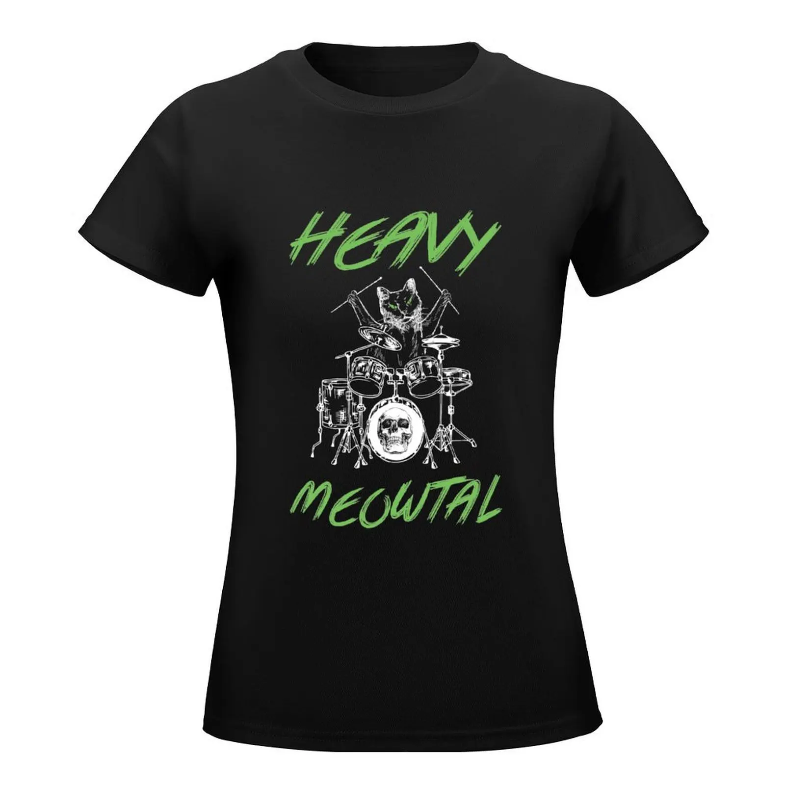 Heavy Metal / Heavy Meowtal Drummer Cat Hardrock Cat T-Shirt animal print customizeds workout shirts for Women loose fit