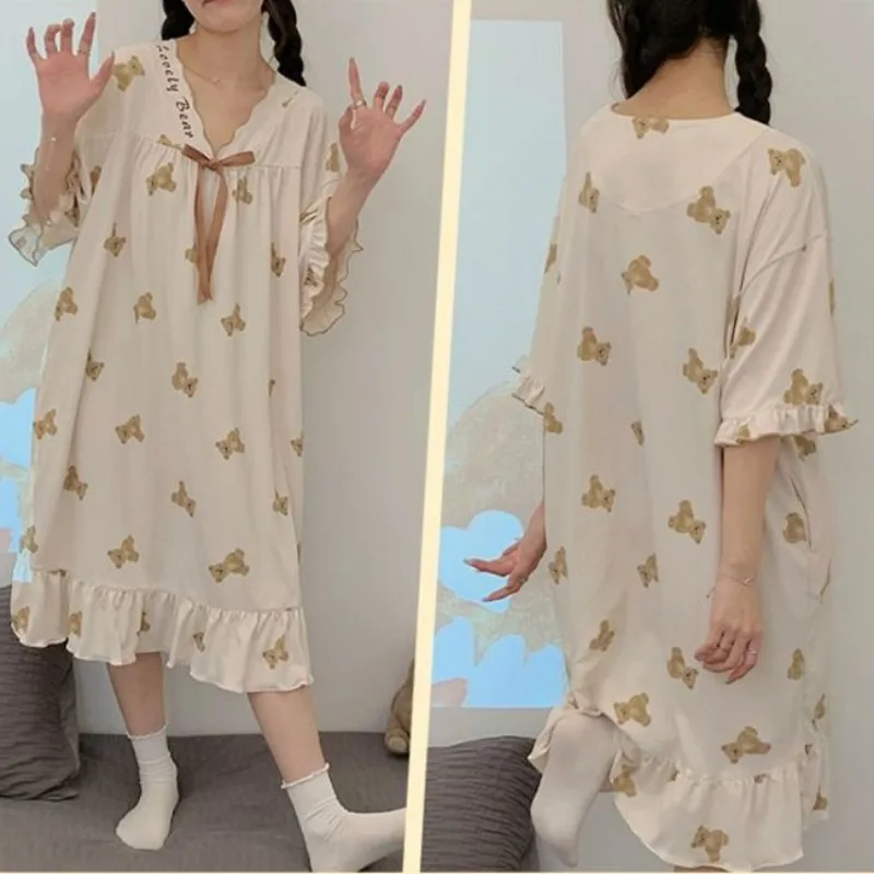 2024 New Fashion Girls Princess Style Nightgowns Female Summer Sweet Short-sleeved Pajamas Casual Loose Home Clothes Sleepshirts