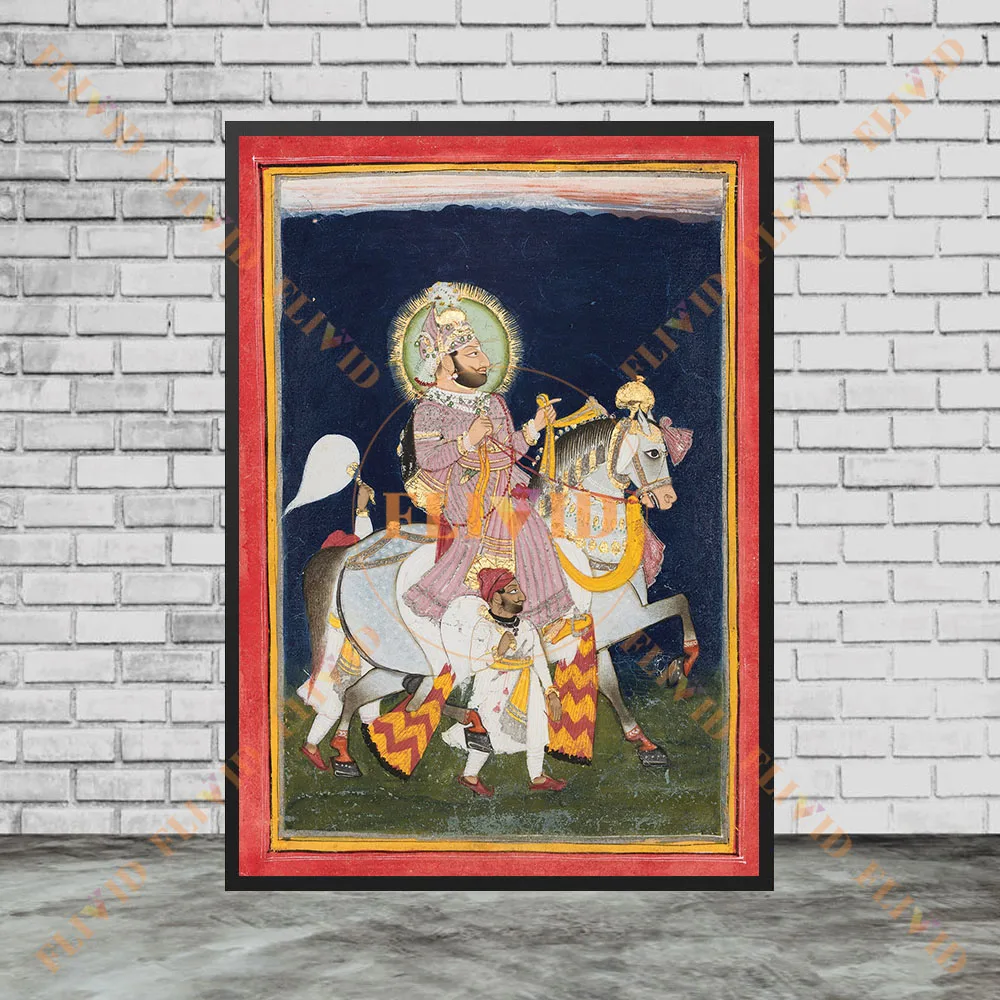 Antique Mughal Rajput Maharaja Equestrian Canvas Print, Vintage Indian Royal King Horse Procession Attendants Ethnic Folk Poster