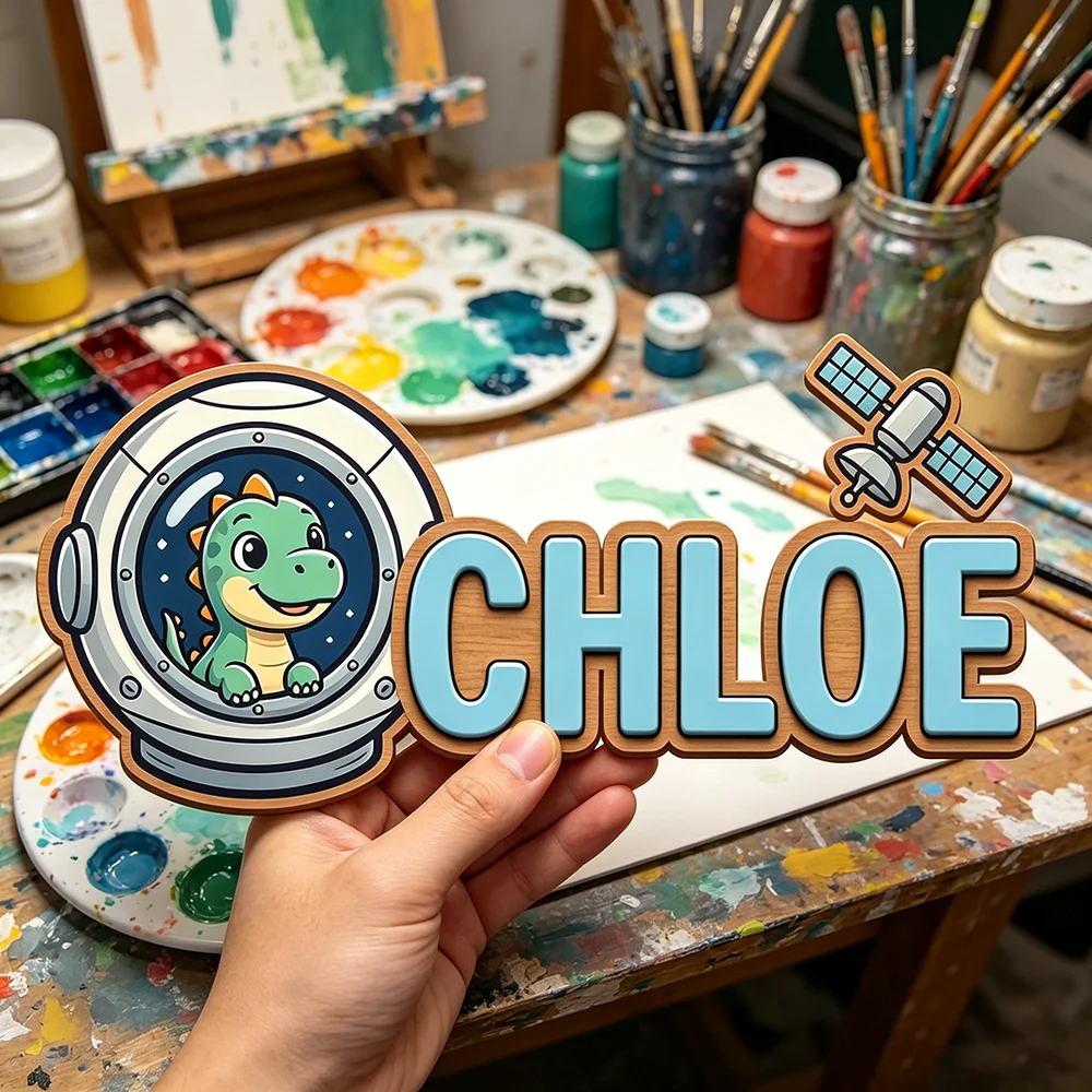 Custom Astronaut Dinosaur Kids Name Sign for The Dearest Baby, Cute Space Satellite Wooden Nursery Door Plaque