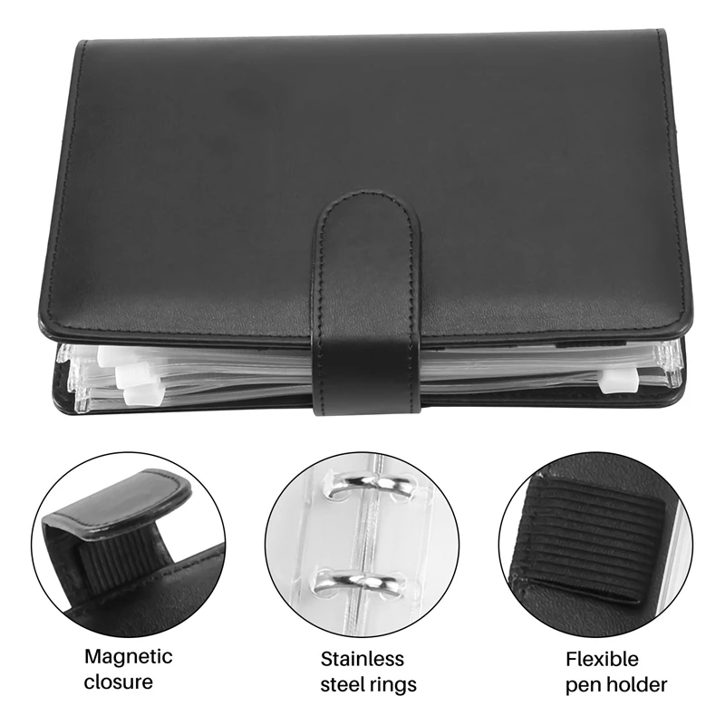 50Pcs A6 PU Leather Budget Binder Set, Binder Cover Personal Planner Binder For Money Saving Cash Envelopes System Black