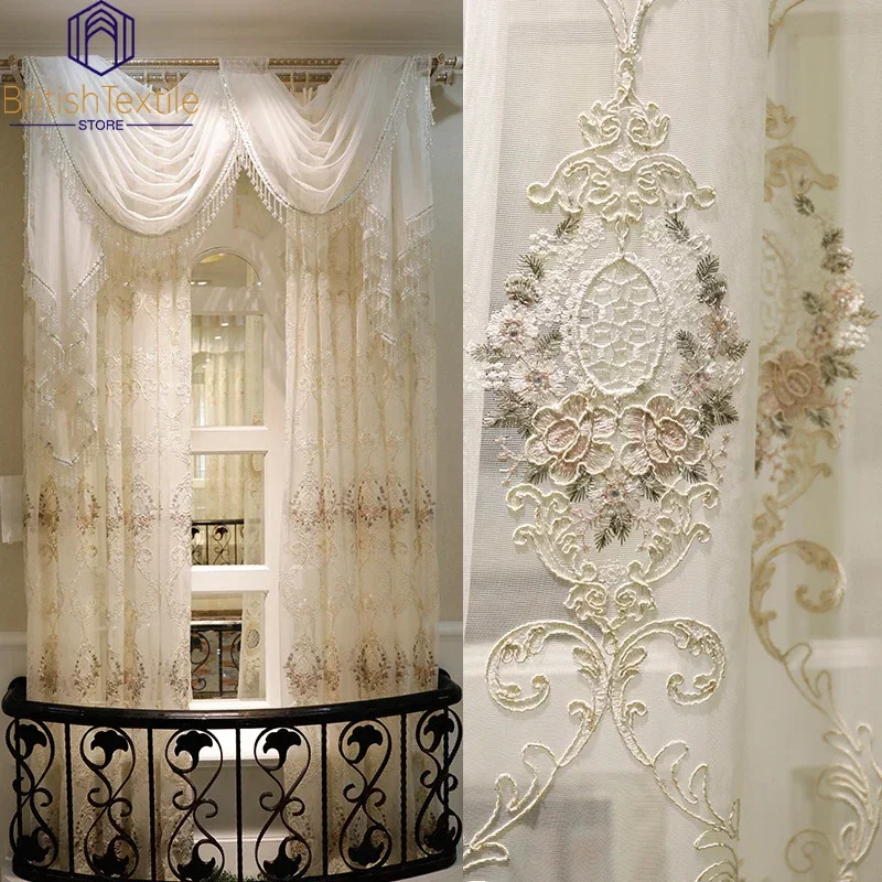 

European Luxury Tulle Turkish Embroidered Sheer Curtains for Living Room Bedroom Floral Window Drapes