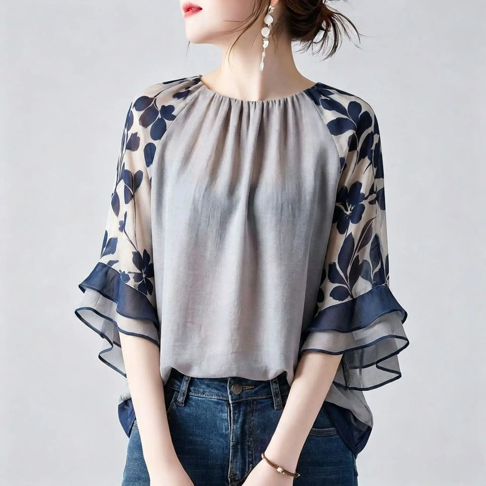 Loose Batwing Sleeve round Neck Printed T-Shirt Women's Comfortable Casual Style Polyester Fiber Thin Seven Sleeve Length