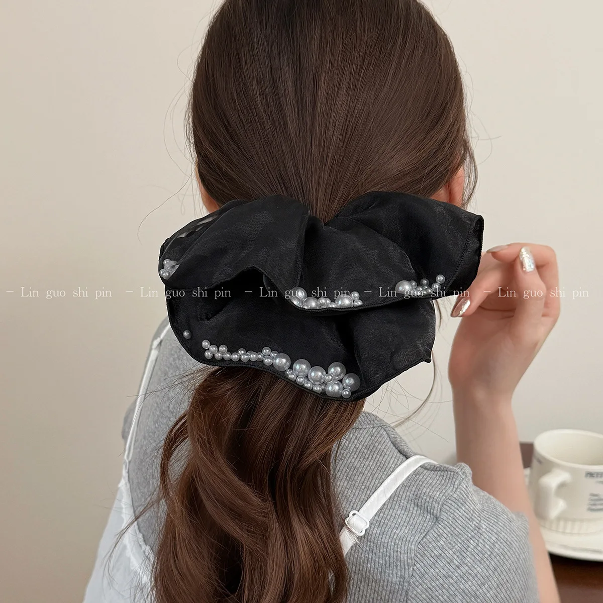 

Korean Style Large Pearl Scrunchie High Elasticity Durable Hair Ties for Women Back of Head Ponytail Bun Holder