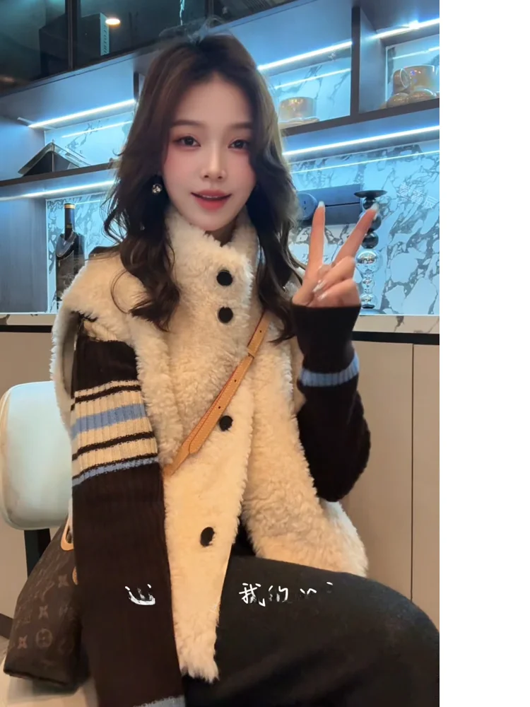 

Xuanxuanchen Autumn Winter Woolen Vest Women's Outerwear Faionable All-match Fluffy Svel Thiened Stand Collar