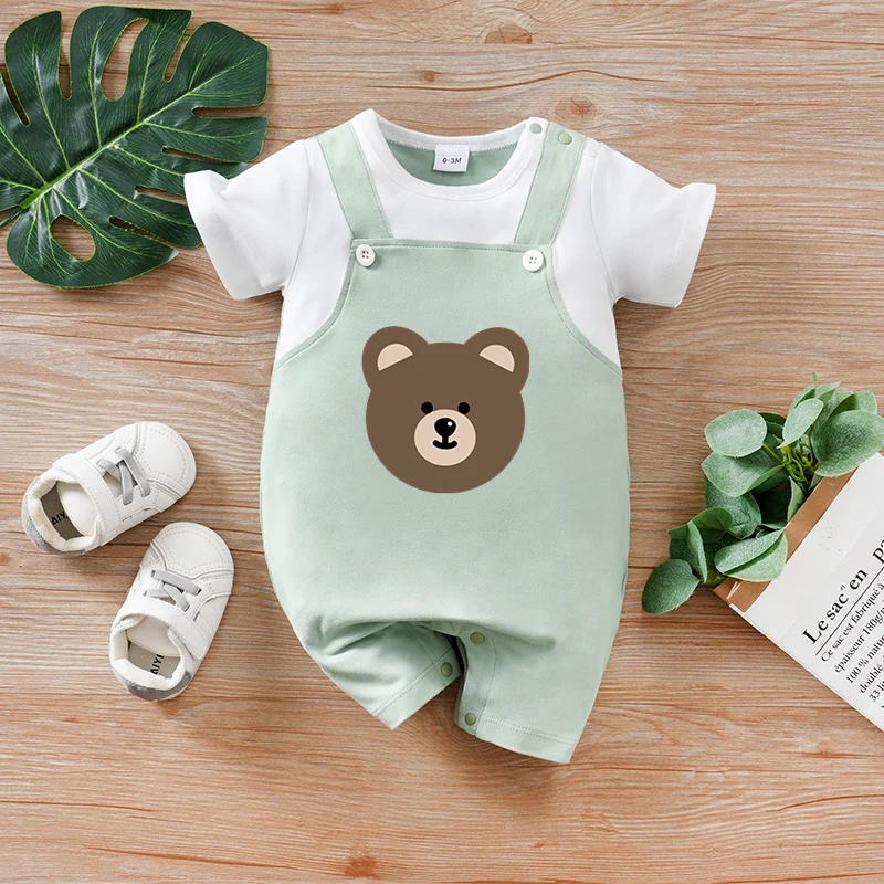 

Зеленые искусственные подтяжки с милым животным принтом, детская одежда, коллекция 2025 года, летний комбинезон с короткими рукавами для новорожденных 0-18 месяцев для мальчиков и девочек