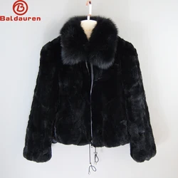 New Style Women Winter Thick Warm Soft Quality Real Rex Rabbit Fur Coat Rex Rabbit Fur Jacket With Real Fox Fur Collar Overcoat