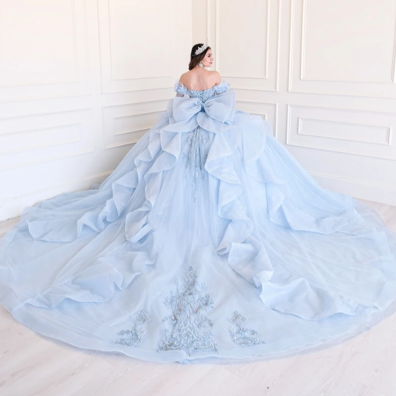 Light Blue Glitter Quinceanera Dresses Off Shoulder Ball Gown Sweet 16 Dress Applique Lace Beads Bow Tull Party Birthday Vestido