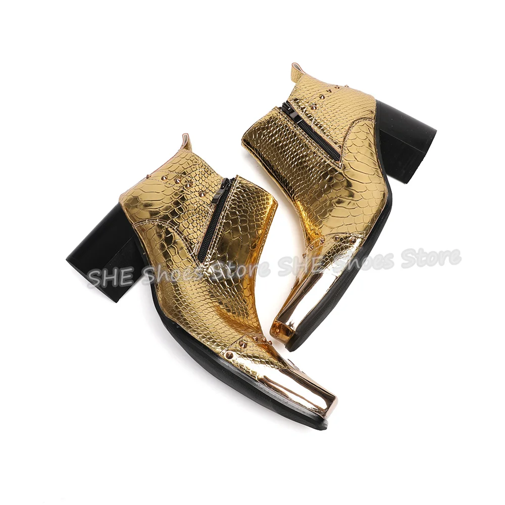 Genuine Leather Snake Print Ankle Boots Male Square Metal Toe Rivet Chunky Heel Chelsea Boots British Style Stage Party Boots