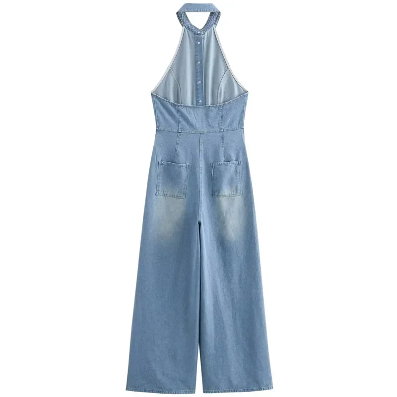 TRAF Jumpsuit Denim untuk wanita, Jumpsuit Denim bahu terbuka, Jumpsuit panjang wanita, Jumpsuit celana lebar longgar, overall Jeans punggung terbuka musim panas