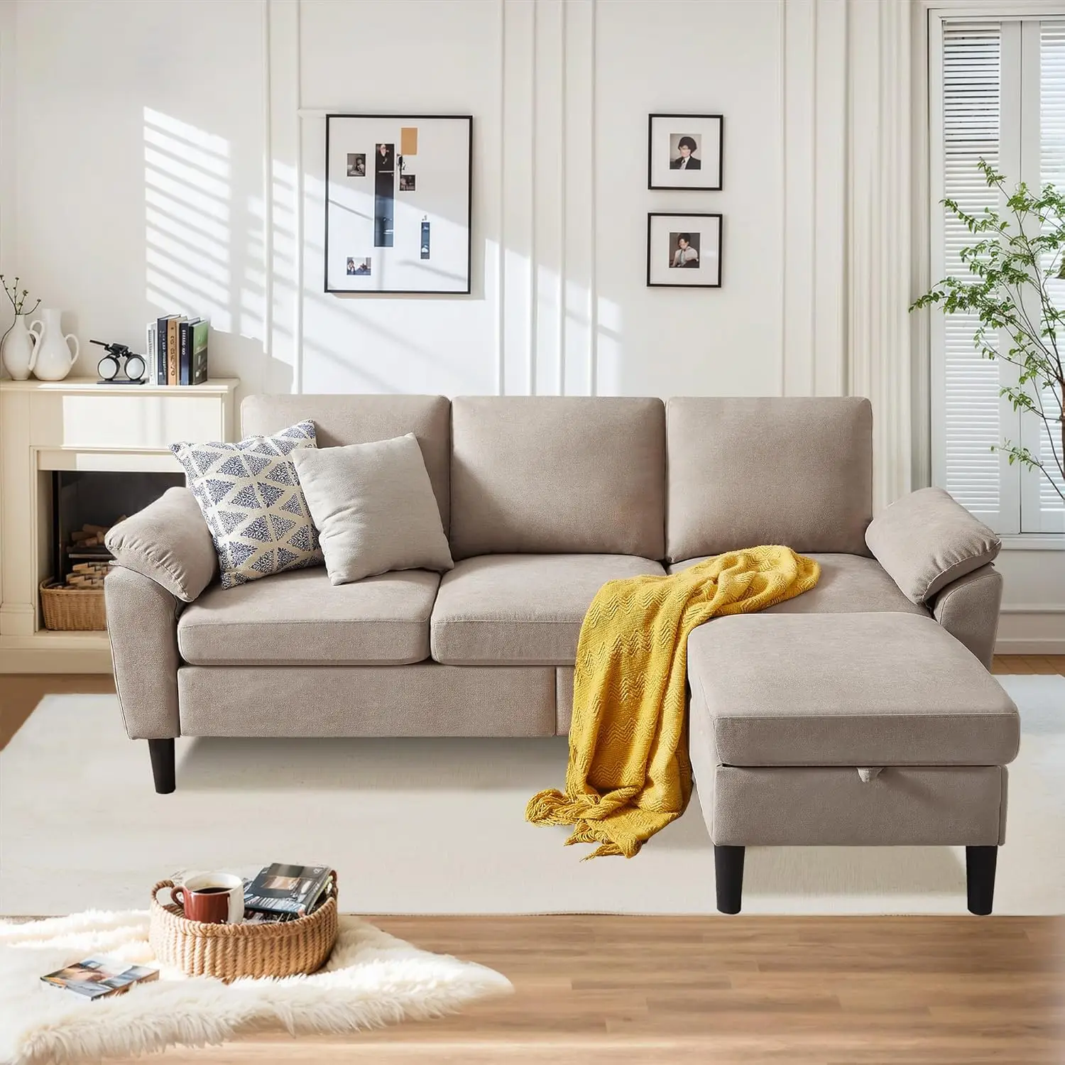 

Секционный диван для гостиной, 3-местный диван L-образной формы 82 дюйма с османской подушкой из полиэстера для небольших помещений, бежевый