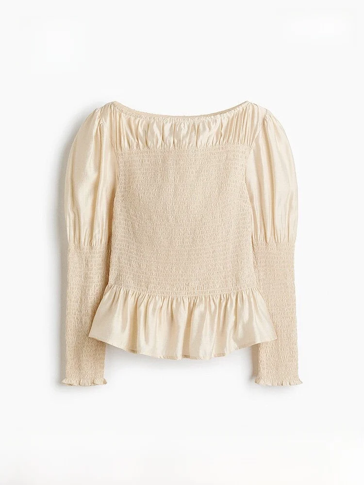 

Spring New Women's Casual Sle Slim Fit Blouse with Pleats And Lace Hemline Mixed Polyester And Rayon Long Sve irt