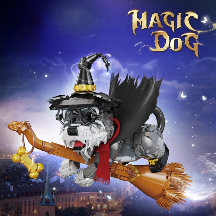 Niedlicher magischer Hund und Besenstiel, kreatives Modell, Baustein, Spielzeug, Puzzle,