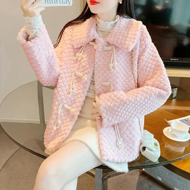 Women's Short Style Xiaoxiangfeng Lamb Wool Jacket 2024 Winter Female Temperament Thickened Warm Fur Integrated Faux Fur Top