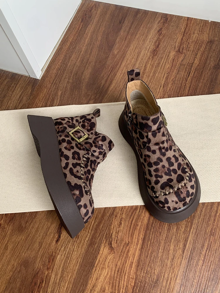 

Ретро-ботинки женские с леопардовым принтом, утепленные, на толстой подошве, осень-зима 2025, новинка