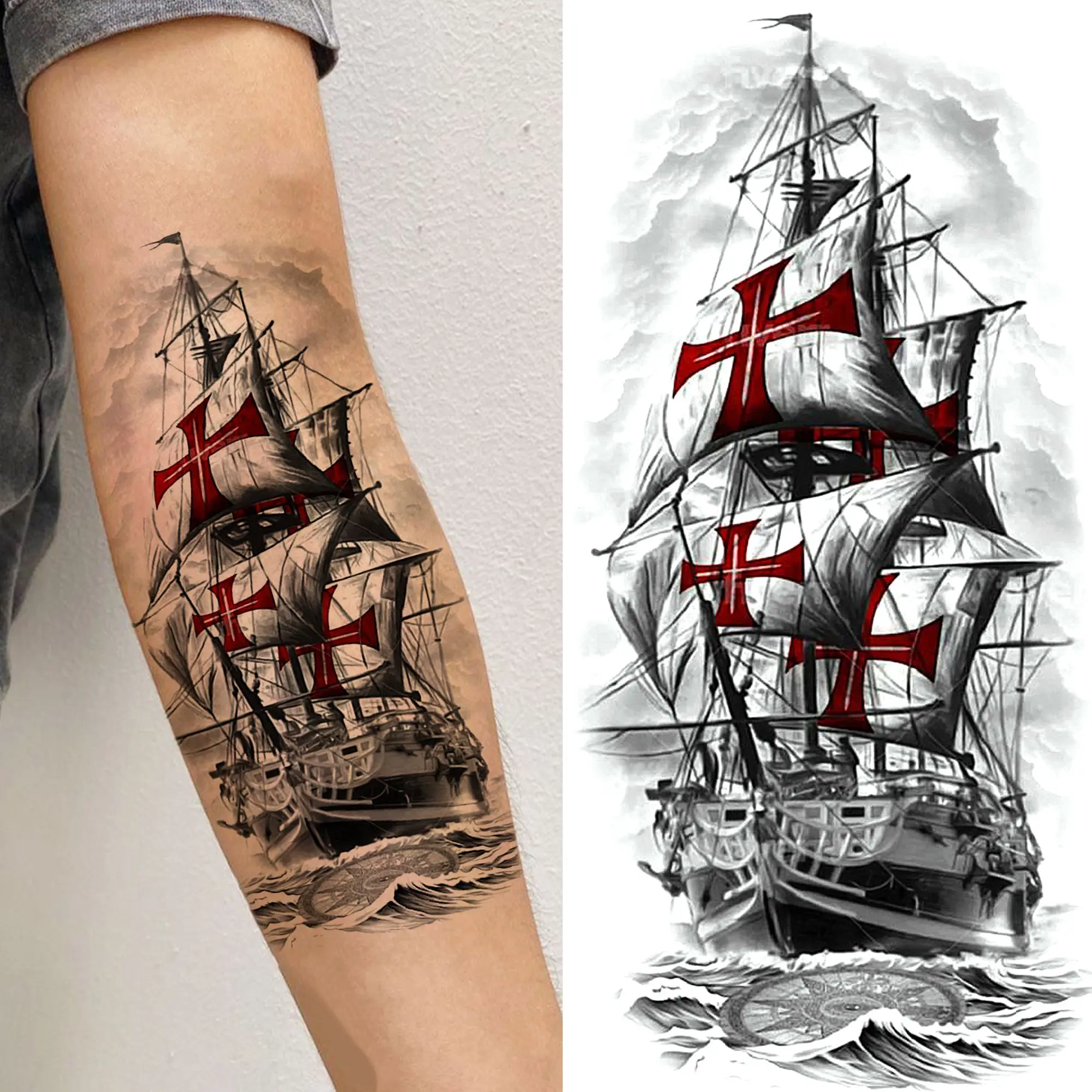 1 Sheet Cook Pirate Ship Anchor Compass Temporary Tattoos For Men Women Waterproof Realistic Fake Tattoos Sticker Long Lasting
