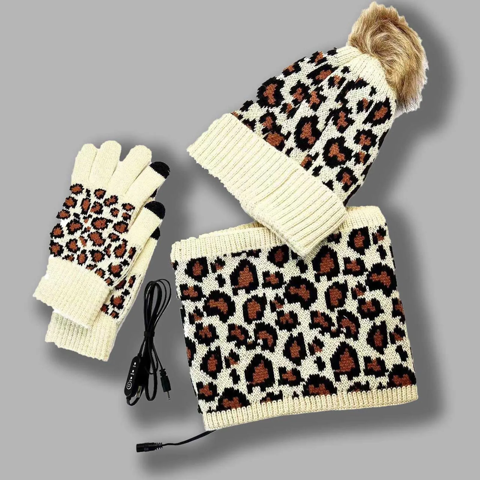 Women Winter Leopard Print Beanies Neck Scarf Gloves 3 PCS Set Warm Knitted Crochet Bonnet Plush Pullover Cap Gloves Scarves Set