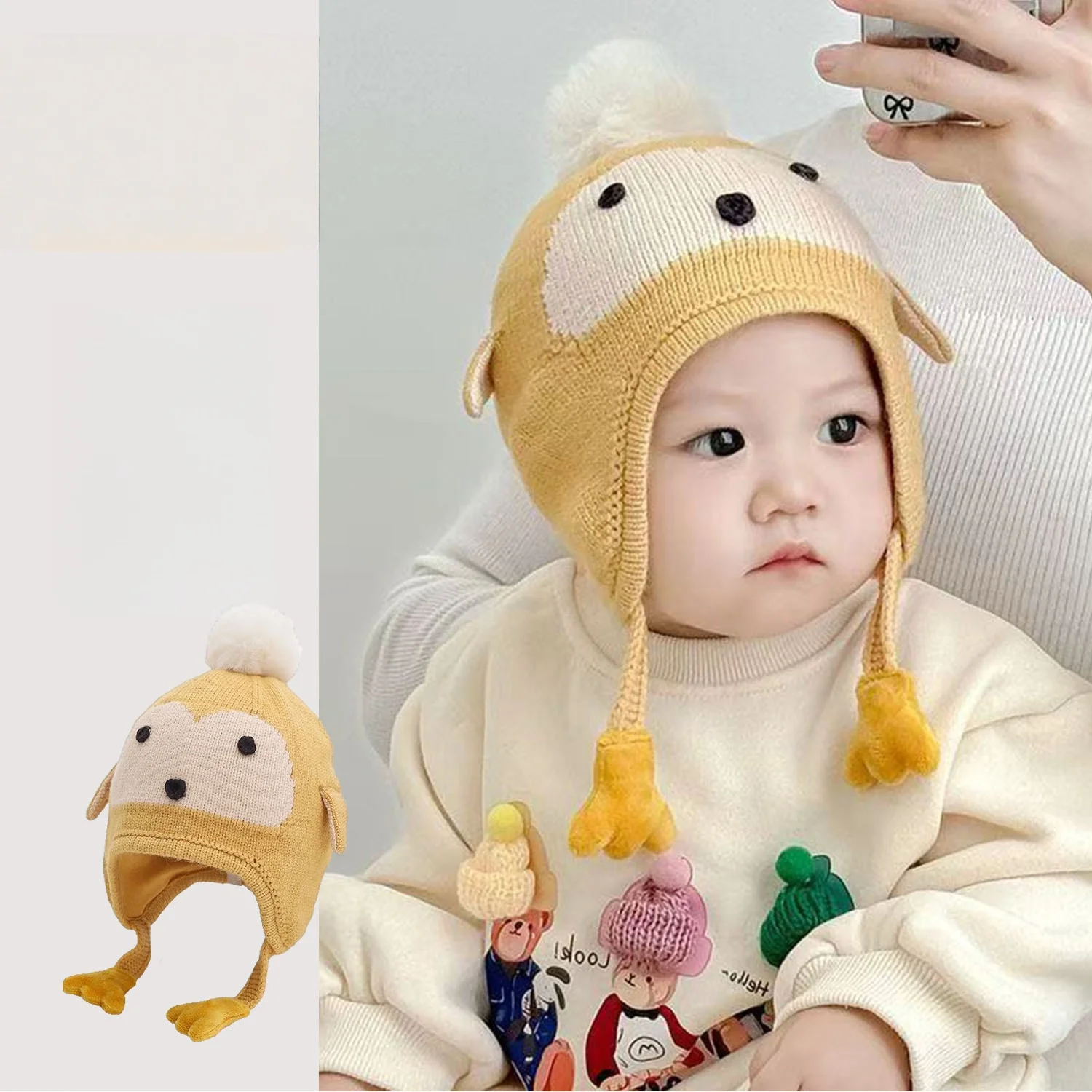 

Newborn Baby Knitted Hat Winter Warm Penguin Earflap Beanie Toddler 0-4Y Cute Pom Pom Paw Hat Boys Girls Windproof Hat