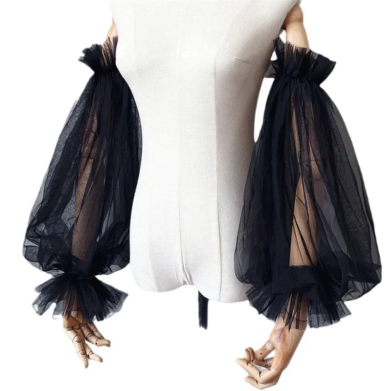 Long Fingerless Tulle Bridal Gloves 3d Floral Edge Loose Wedding Cuff Accessory Dress Sleeves Detachable