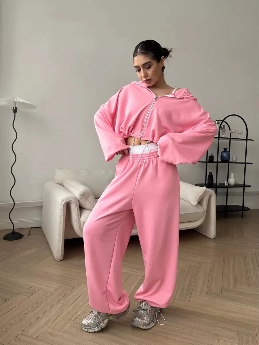 

Women's Casual Solid Color Long Sleeve Zipper Cardigan Hooded Sweatshirt Sports Loose Trousers Two-piece Suit