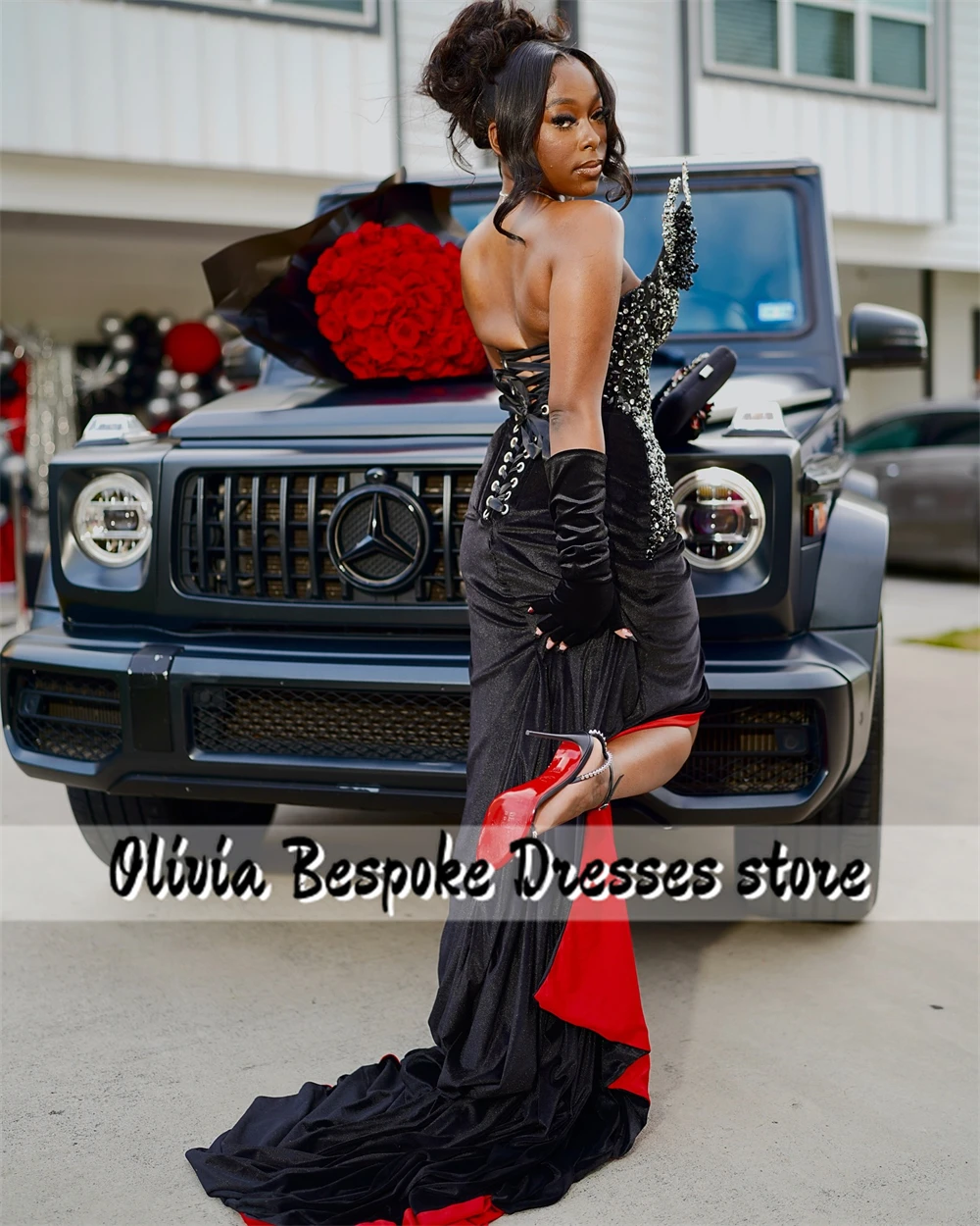 Remarkable Red Lining Black Evening Dress Beaded Rhinestones Aso Ebi Mermaid Cocktail Gown For Special Events African Customized
