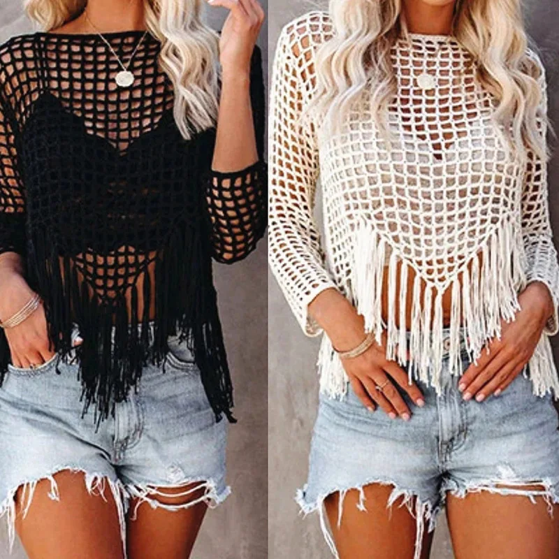 Sexy Knitted Cover Top Women Tassel Hollow Bikini Beach Sunscreen Shirt