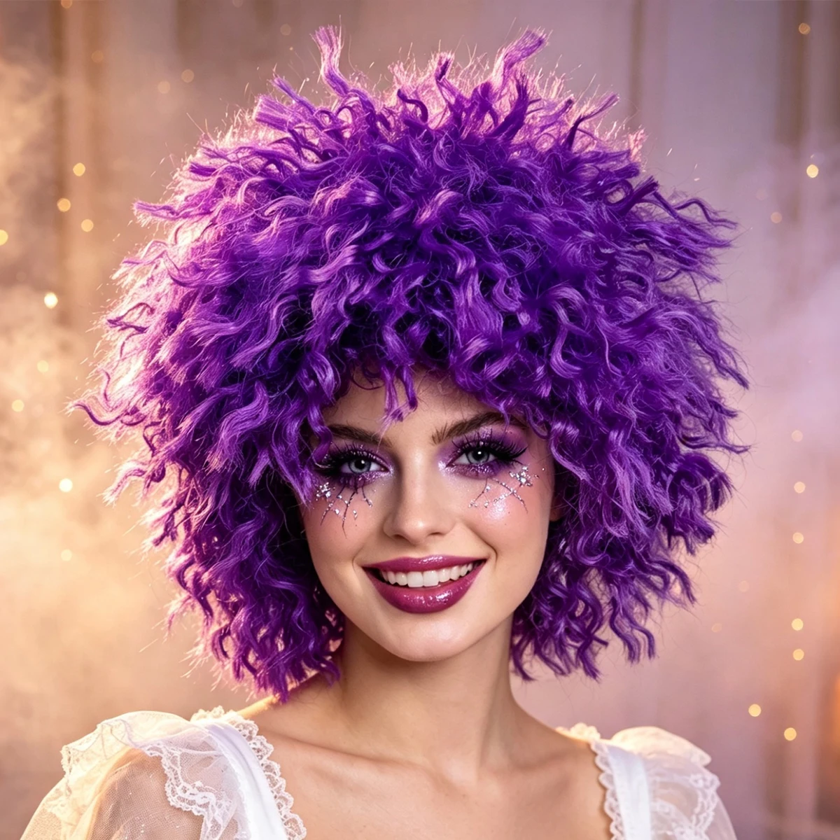 Purple Fluffy Afro Curly Wig Synthetic Hair Clown Cosplay Halloween Carnival Costume Party Full Wigs for Adults
