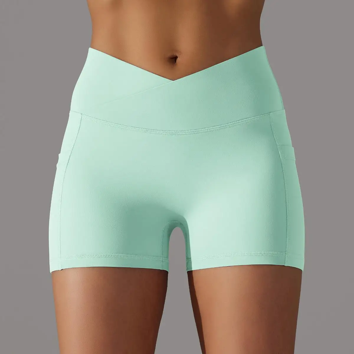 New Cross Over High Waist Shorts Women Scrunch Sports Gym Leggins With Pocket Training Pants