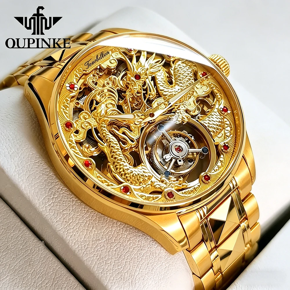 

OUPINKE Top Luxury Men's Watches All Gold Tungsten Steel Original Automatic Mechanical Wristwatch Tourbillon Movement Ruby Scale
