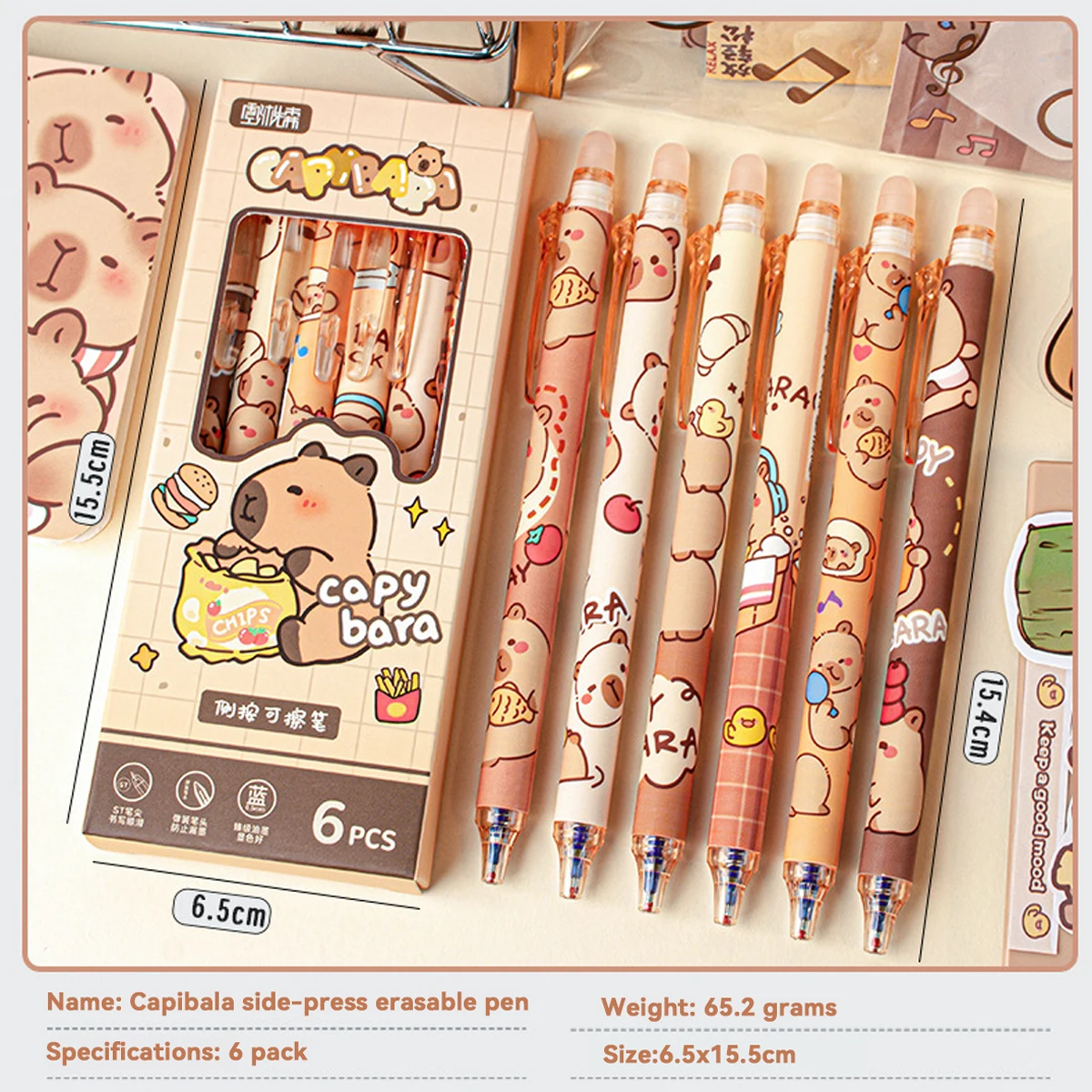 

Стираемые ручки Capybara, 6 шт., многоразовая гелевая ручка с чернилами, без размазывания, школьные принадлежности с милыми животными для студентов, офисные канцелярские принадлежности, подарки