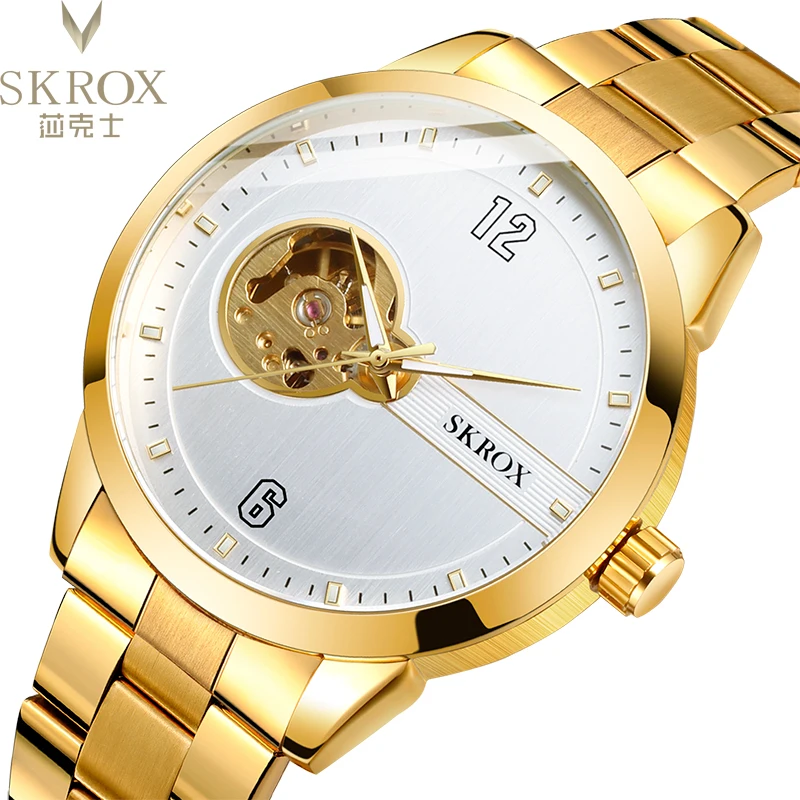 2024 SKROX High Quality Luxury Brands Gold Stainless Steel Skeleton Automatic Man Watch Waterproof Mechanical Elegant Male Clock