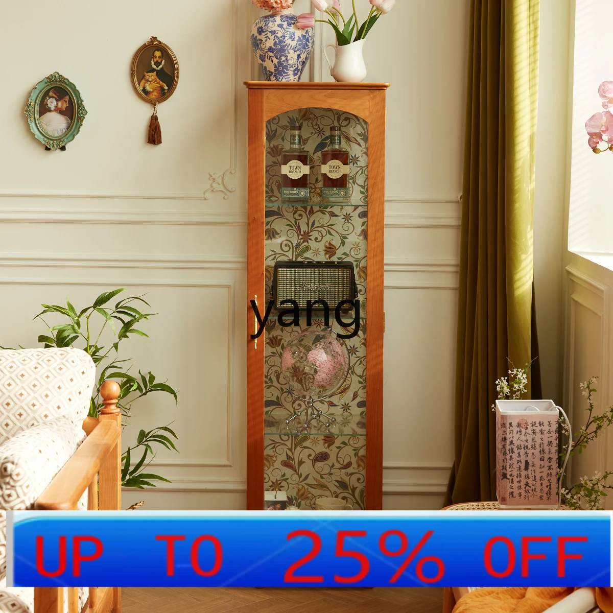 

YJQ solid wood display cabinet cherry wood glass side cabinet home living room retro storage cabinet
